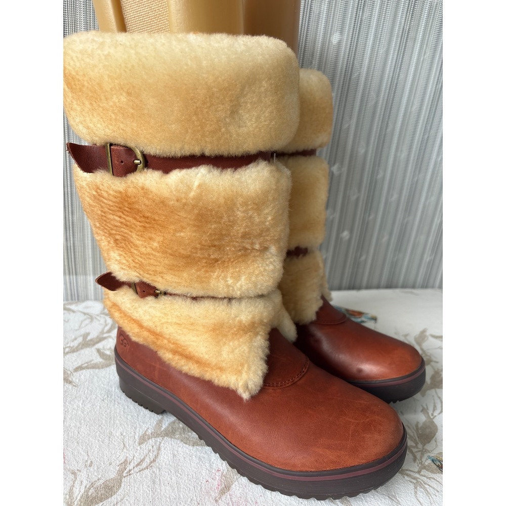 UGG Women's 8 Adirondack Tall Leather Shearling Boots Chestnut Brown 1001398